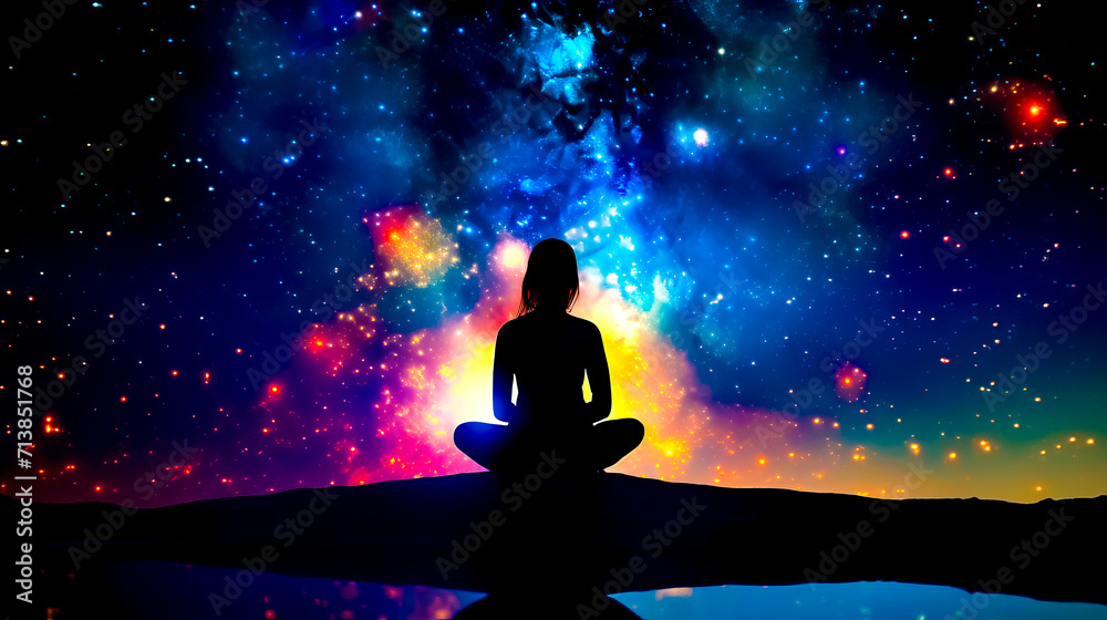 Person sitting in lotus position in front of space filled with stars.