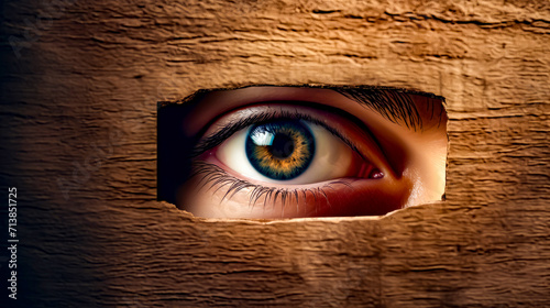 Close up of person's eye through hole in piece of wood.