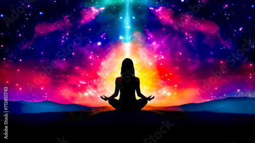 Woman sitting in lotus position in front of colorful sky filled with stars.