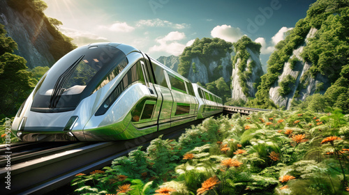 An impressive image of an urban magnetic levitation train, illustrating the future of efficient high-speed rail travel. Eco-friendly urban transport