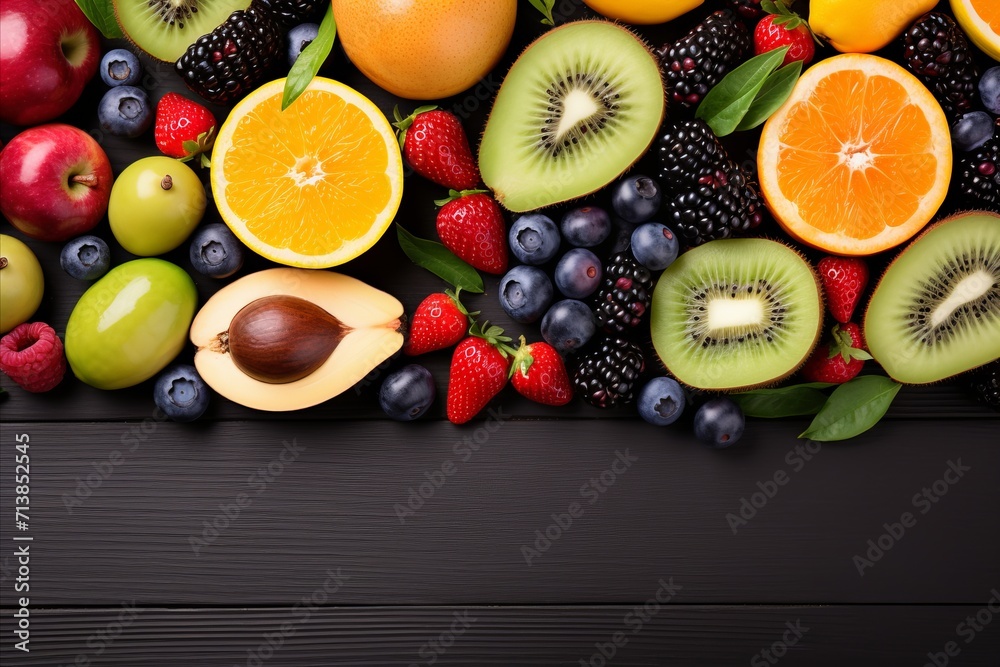 Vibrant multifruit summer background - healthy eating concept, top view of assorted fresh fruits Vibrant multifruit summer background - healthy eating concept, top view of assorted fresh fruits