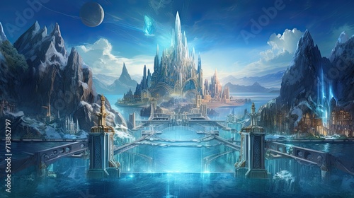 Illustration of the city of Atlantis with magnificent sky background. photo