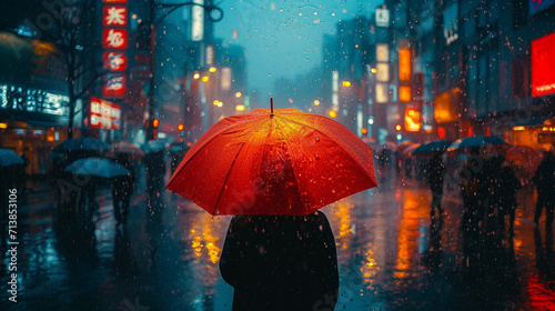 The woman in the red raincoat in the rainy city