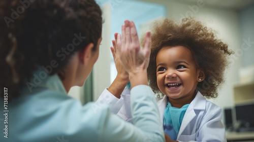 Happy Kid and doctor at clinic playing together photo