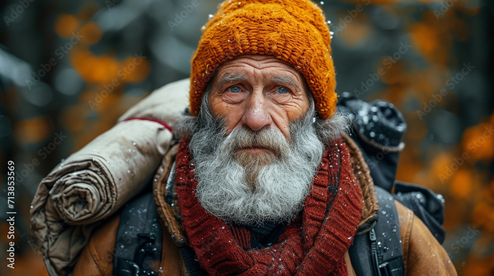 Senior man traveler with backpack in autumn Senior man traveler with backpack in autumn
