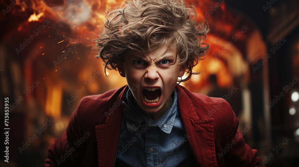 Angry irritated boy. Full of rage. Emotional portrait of an upset preteen boy screaming in anger. - obrazy, fototapety, plakaty 