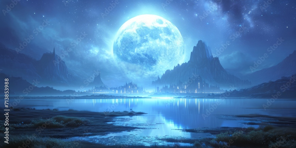 Fototapeta premium Fantasy landscape with full moon, mountains and lake.