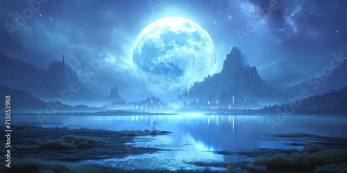 Fantasy landscape with full moon  mountains and lake.