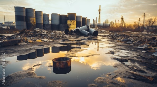 Chemically polluted site with barrels of toxic waste photo