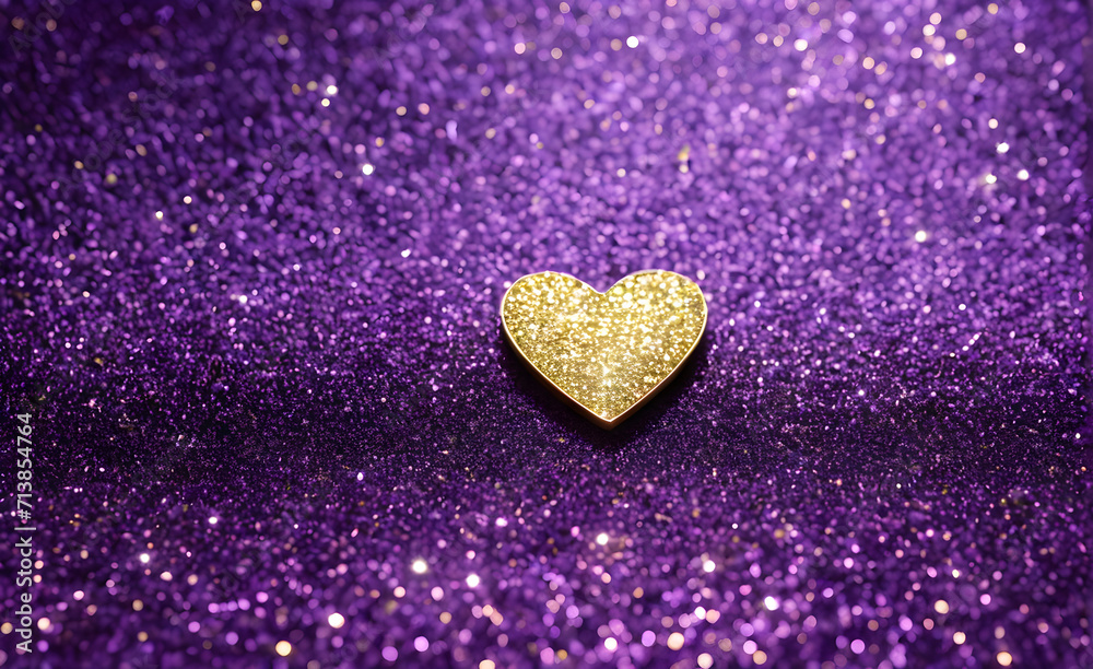 A small gold heart on a sparkling soft purple background. Generative AI