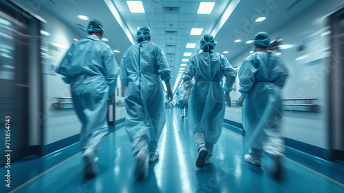 Doctors and nurses run down the hospital corridor to the operating room or to a seriously injured patient photo