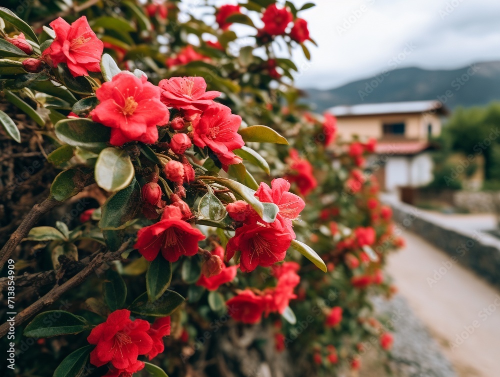 Beautiful red camellia flowers on a background of mountains.