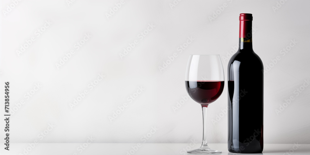 a glass and a bottle of red wine. copy space a glass and a bottle of red wine. copy space