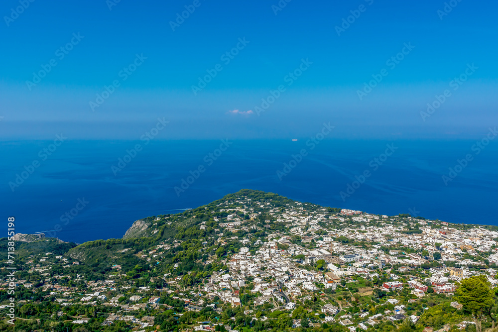 The  view of Anacapri from the chair lift from Anacapri to Mount Solaro on the Isle of Capri, Italy.
