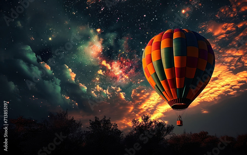 Vibrant hot air balloon soaring through the night sky with stars and nebulae, symbolizing adventure, exploration, dreams, and the magic of flight