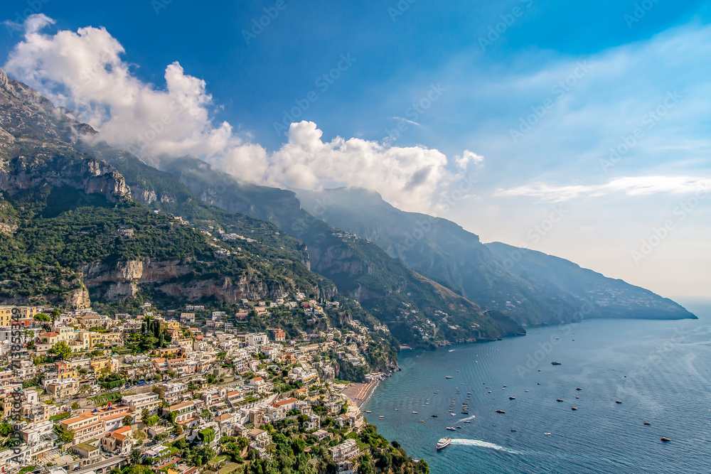 Overview of Positano overlooking the Mediterranean Sea on the beautiful Amalfi Coast in Southern Italy.
