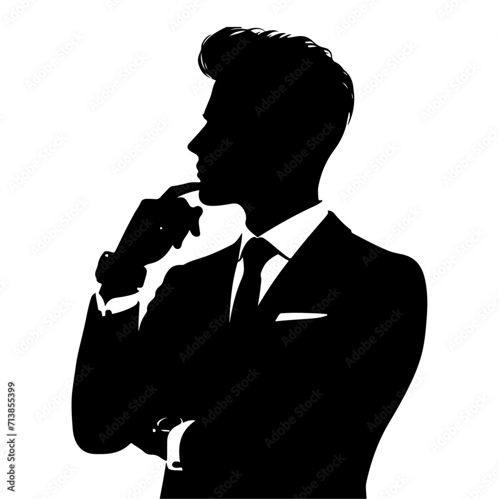 Man in suit thinking pose vector silhouette, black color silhouette, white background Man in suit thinking pose vector silhouette, black color silhouette, white background