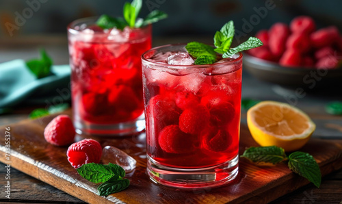 Refreshing Raspberry Cocktail with Ice and Fresh Mint on a Dark Rustic Background, Perfect for Summer Days and Relaxing Evenings