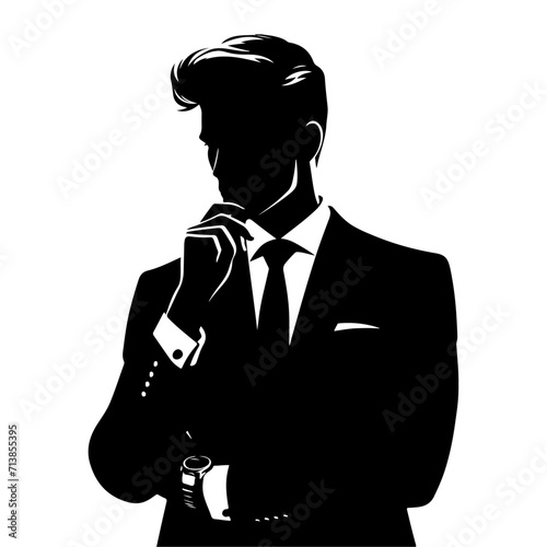 Man in suit thinking pose vector silhouette, black color silhouette, white background