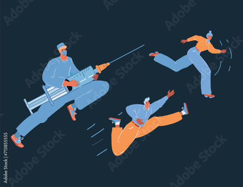Vector illustration of doctor with syringe try making vaccination. Medicine healthcare concept. Anti-vaccination movement problem on dark backround.