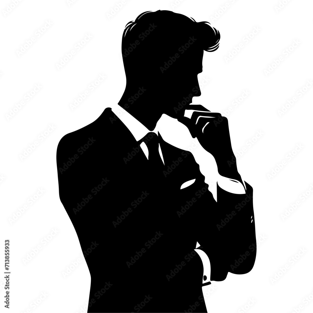 Man in suit thinking pose vector silhouette, black color silhouette, white background