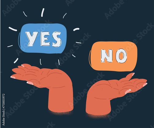 Vector illustration of hands holds scale to weigh answer to YES or NO question in balance. Object on dark background.