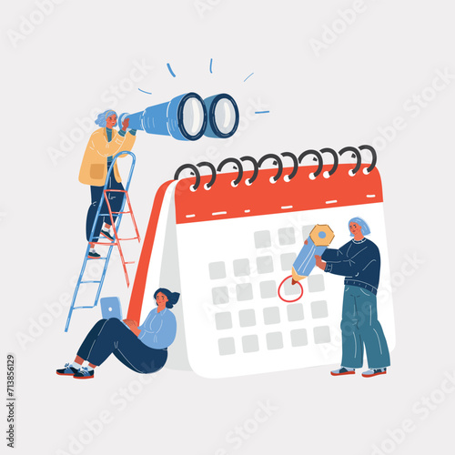 Vector illustration of team working together planning and scheduling their operations agenda on a big desk calendar. People get togerher for project. Character over dark backround.