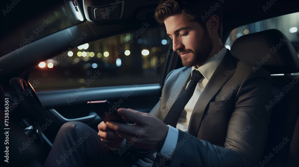 Caucasian businessman playing with cell phone in car.