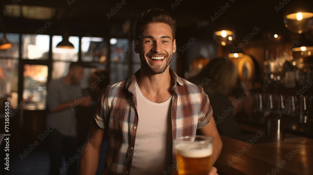 Caucasian man drinking beer in pub. Caucasian man drinking beer in pub.