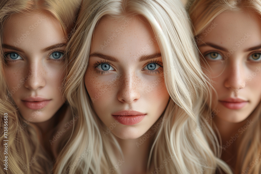 Portrait of three women with beautiful blond hair, waves. World Blonde Day Portrait of three women with beautiful blond hair, waves. World Blonde Day