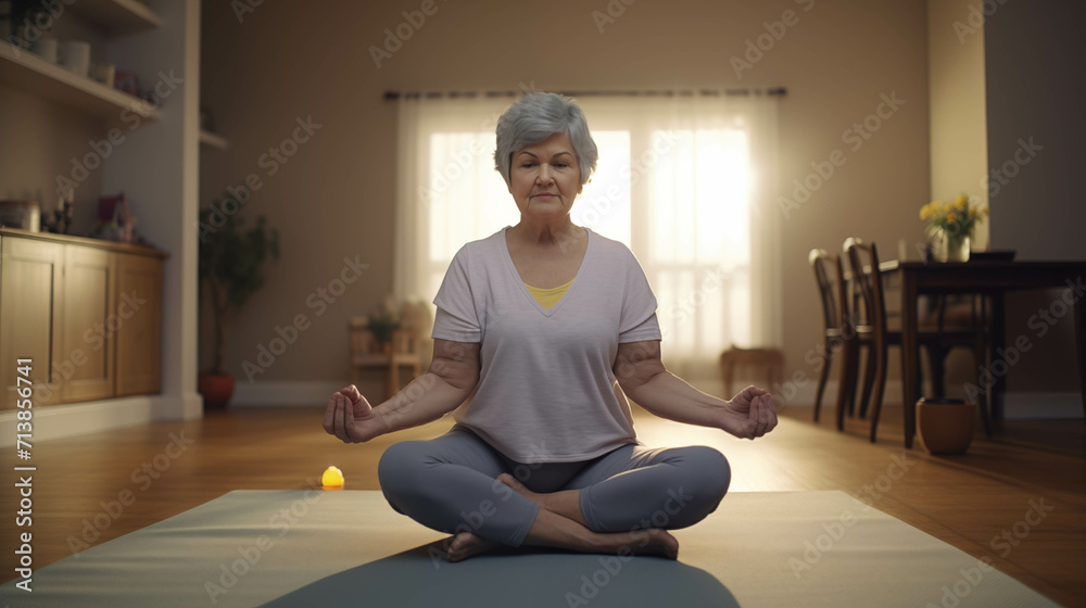 Elderly Caucasian woman practicing yoga at home. Elderly Caucasian woman practicing yoga at home.