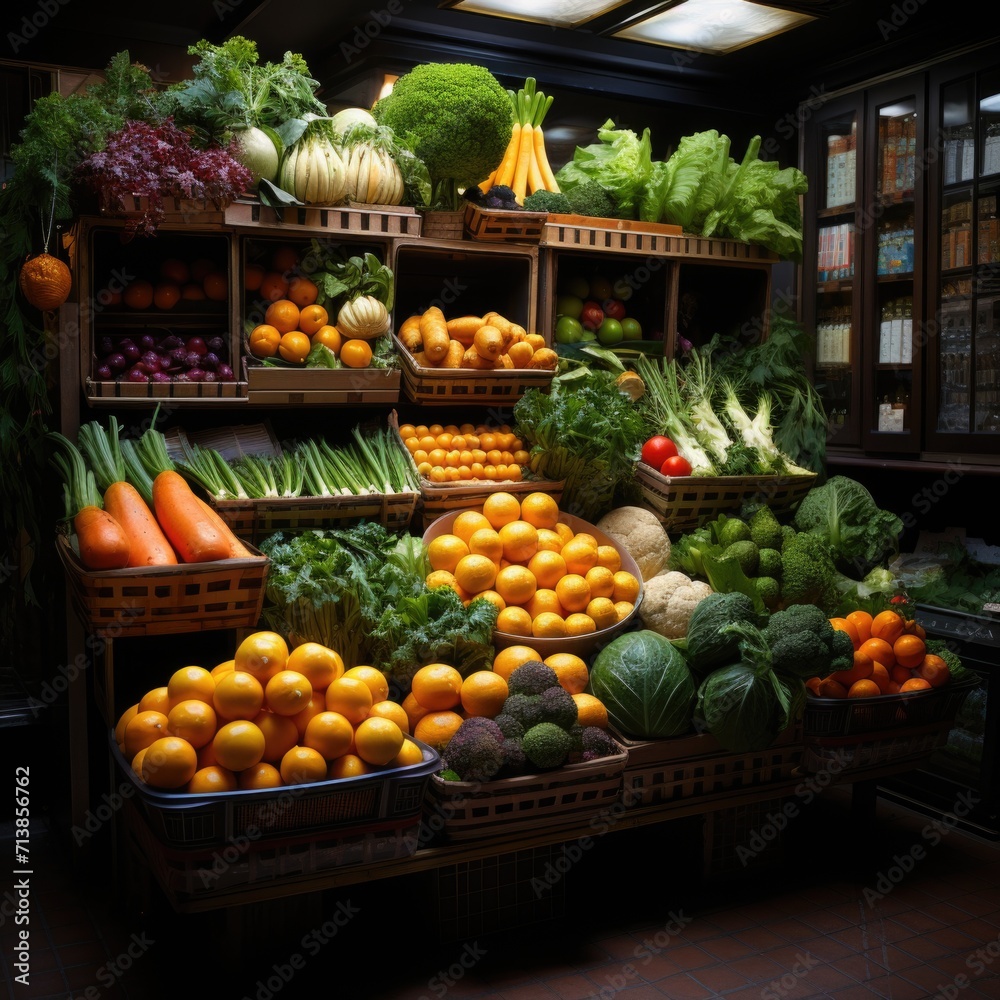 A photo of fruits and vegetables in fruit shop with leaves in rack or basket Generative AI A photo of fruits and vegetables in fruit shop with leaves in rack or basket Generative AI