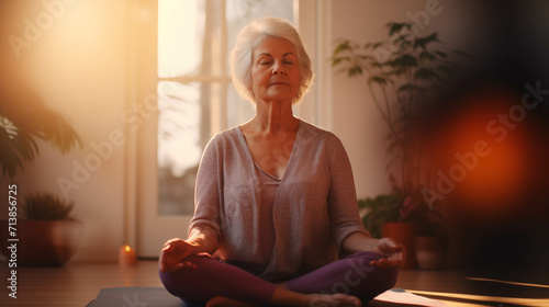 Elderly Caucasian woman practicing yoga at home.
