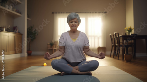Elderly Caucasian woman practicing yoga at home.