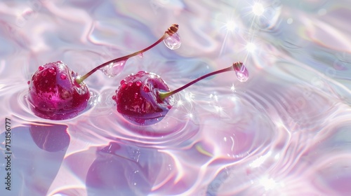 Cherries in Pink Water with Light Reflections Wallpaper, generative ai