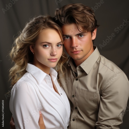 Photo of cute young couple embrace wear Generative AI