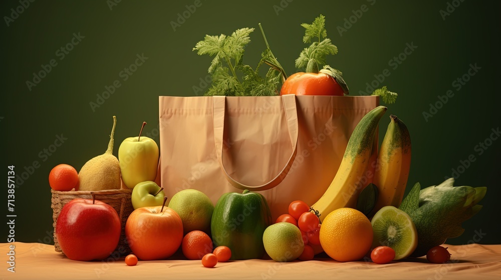 An array of fresh fruits and vegetables spilling out of a paper bag, showcasing a bounty of healthy food options. An array of fresh fruits and vegetables spilling out of a paper bag, showcasing a bounty of healthy food options.