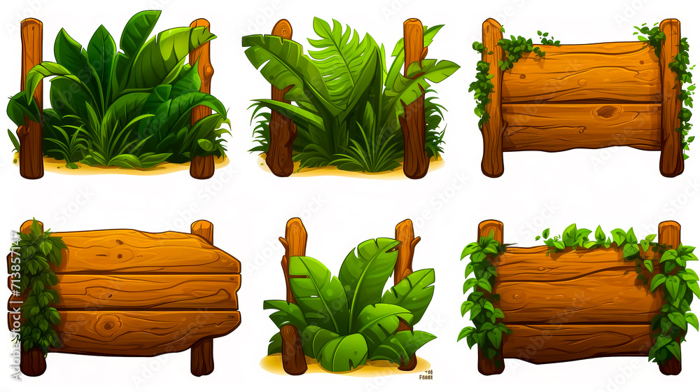 Set of wooden signs with plants and leaves on white background illustration. Set of wooden signs with plants and leaves on white background illustration.