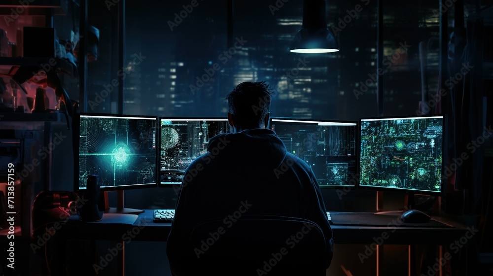 Hacker works in a dark room, surrounded by multiple screens with sophisticated data visualizations, against a backdrop of city lights.