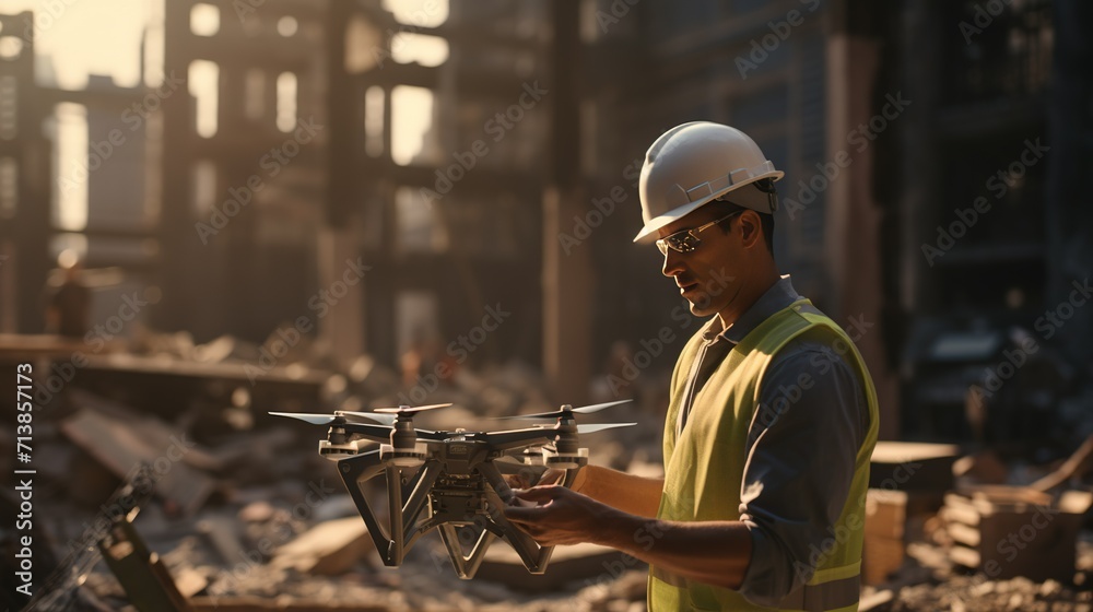 An engineer in safety gear expertly maneuvers a drone to survey the damages at a devastated urban site, utilizing modern technology for assessment and planning. - obrazy, fototapety, plakaty 