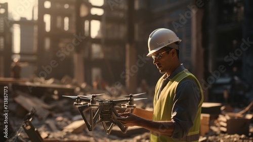 An engineer in safety gear expertly maneuvers a drone to survey the damages at a devastated urban site, utilizing modern technology for assessment and planning. photo