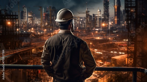 Engineer stands against the evening skyline, overseeing the sprawling construction development of the urban landscape, reflecting on the day's progress.