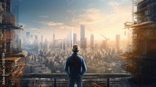 An architect stands atop an unfinished skyscraper, gazing out at the cityscape bathed in the morning light, contemplating the future skyline that he's helping to shape.