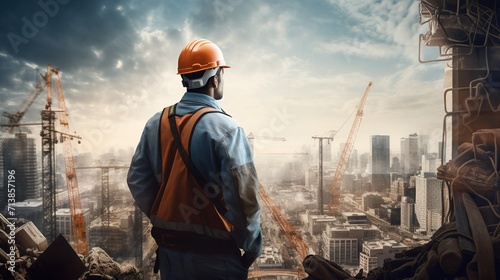 Construction worker in personal protective equipment stands high above the ground, looking out over the dynamic urban expansion characterized by numerous cranes and emerging skyscrapers.