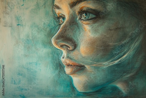 drawing, colored sand on glass, intriguing, in the style of a female portrait, in pastel colors using muted pistachio and blue, light and shadow