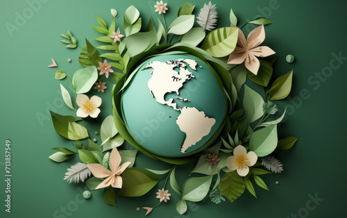 Paper art style of a lush green eco-friendly Earth surrounded by a wreath of leaves, symbolizing environmental conservation and sustainable living on a teal background