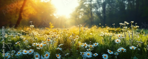 Idyllic sunlit meadow blanketed with daisies and lush grass, evoking serenity and growth, symbolizing renewal and the essence of spring photo