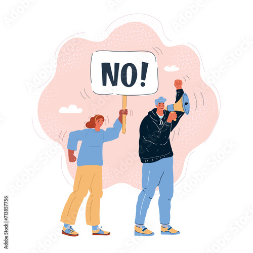 Vector illustration of students protesting for human rights. Angry people cry and show aposter at a demonstration