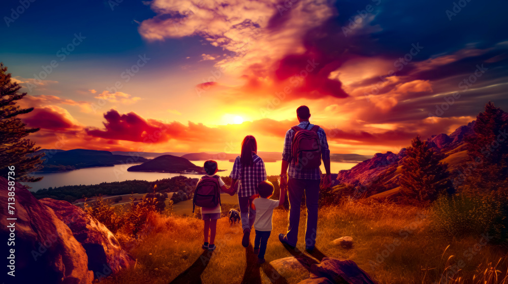 Man and two children holding hands as the sun sets over lake. Man and two children holding hands as the sun sets over lake.