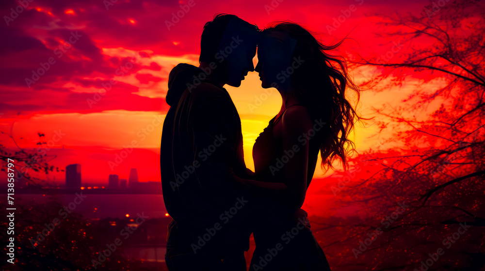 Silhouette of man and woman kissing in front of sunset.